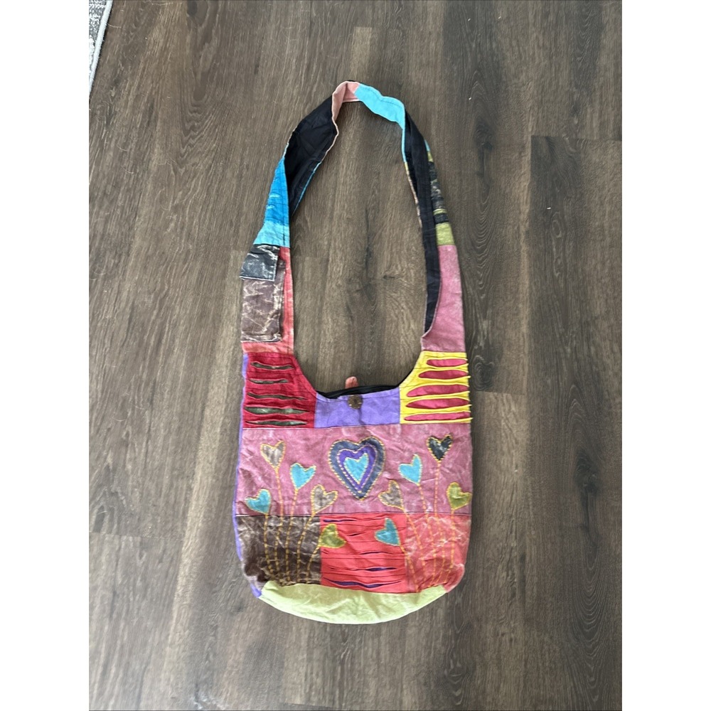 India Boutique Patchwork Hobo Bag Large, Boho Love Blooms Design, Strap Pocket
